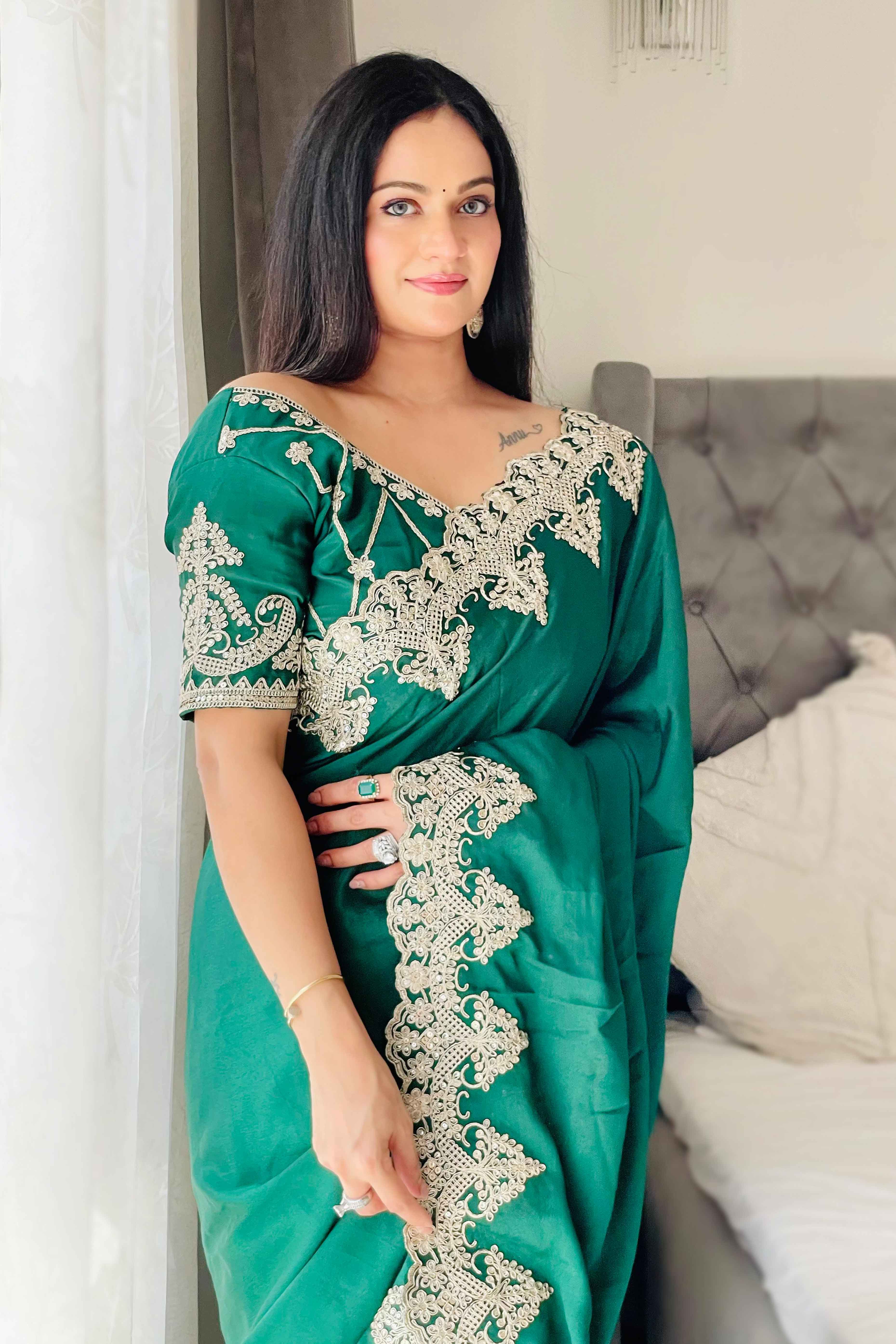 Green Chinon Silk Blend Saree With Intricate Sequins & Cording Embroidery