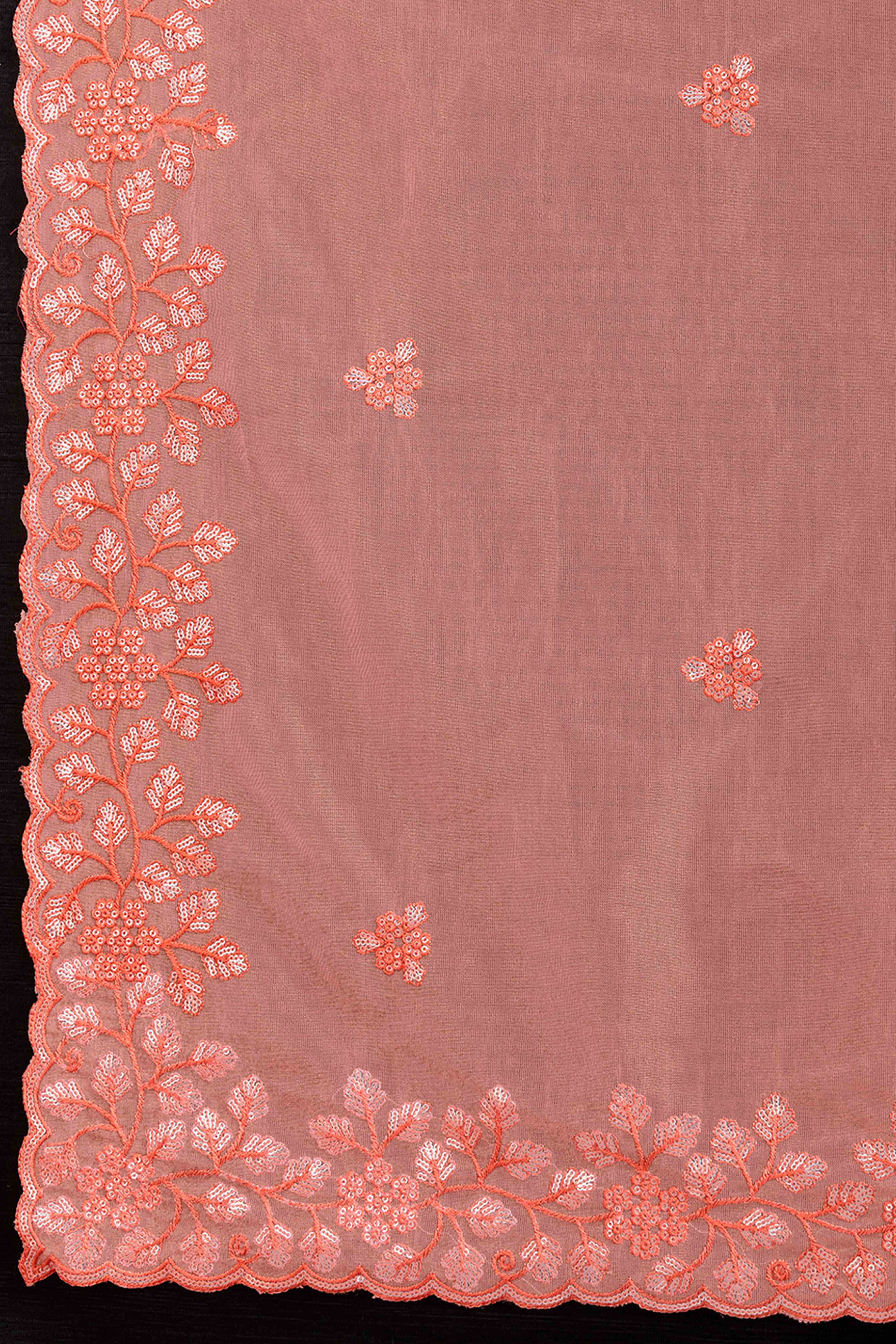 Peach Twill Net Saree Embellished With Sequin Floral Embroidery