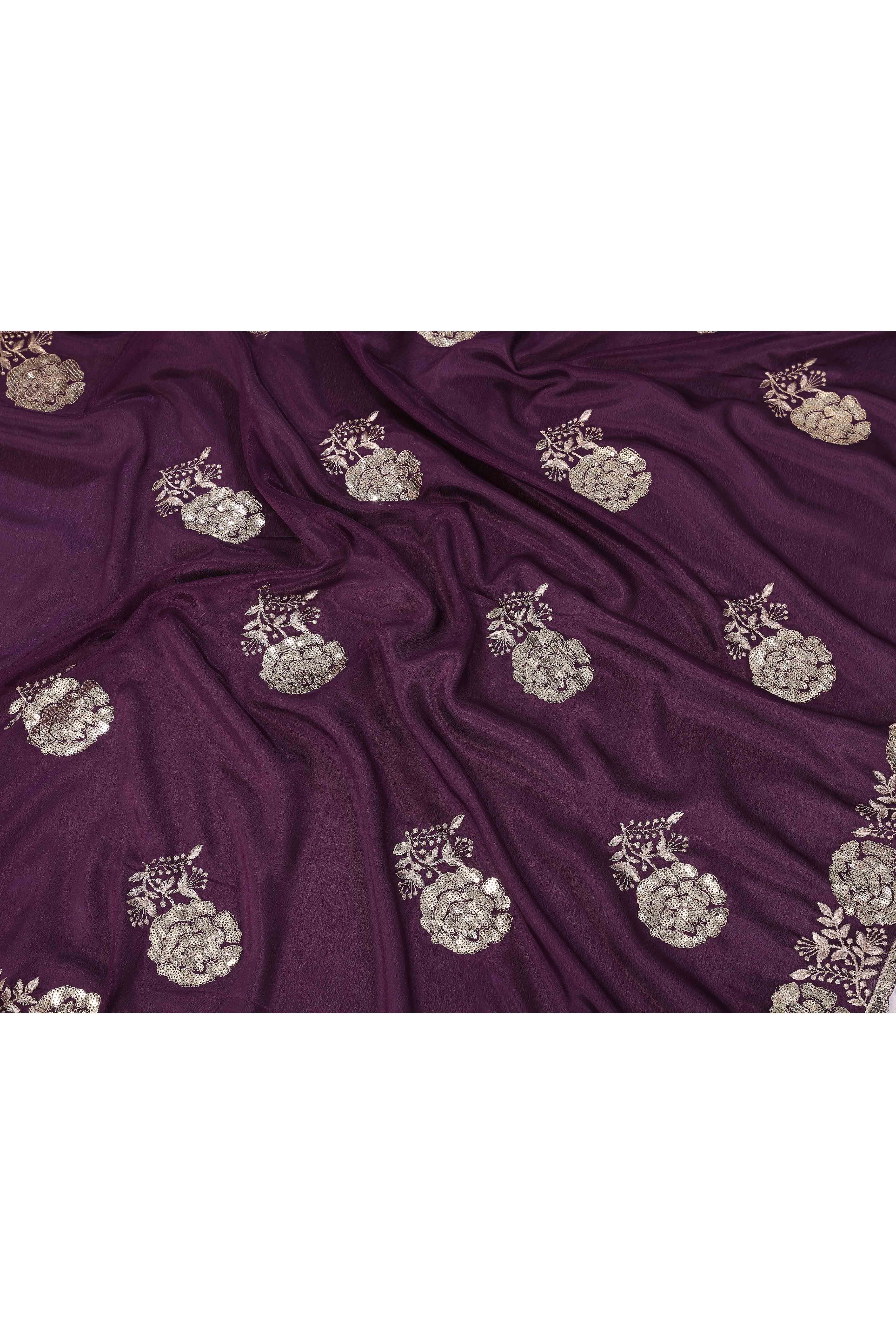 Wine Saree Featuring Intricate Floral Embroidery With Sequins On Chinon Silk
