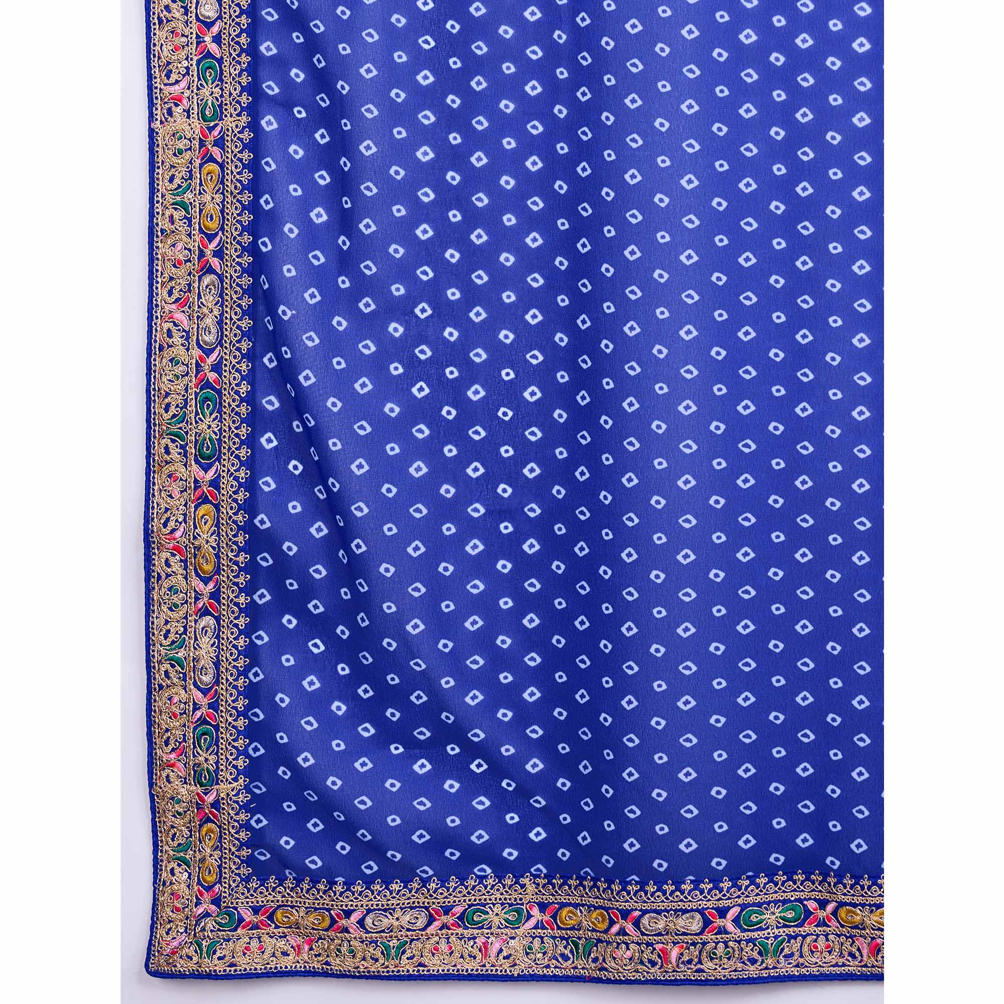 Blue Bandhani Printed Georgette Saree With Embroidered Lace Border