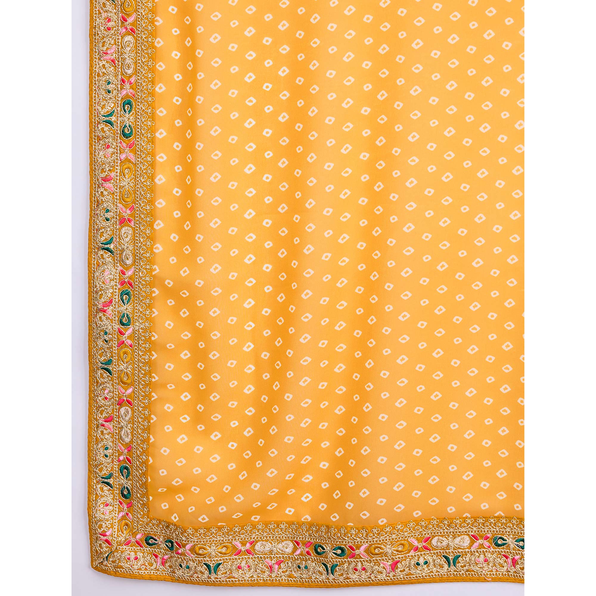 Yellow Bandhani Printed Georgette Saree With Embroidered Lace Border