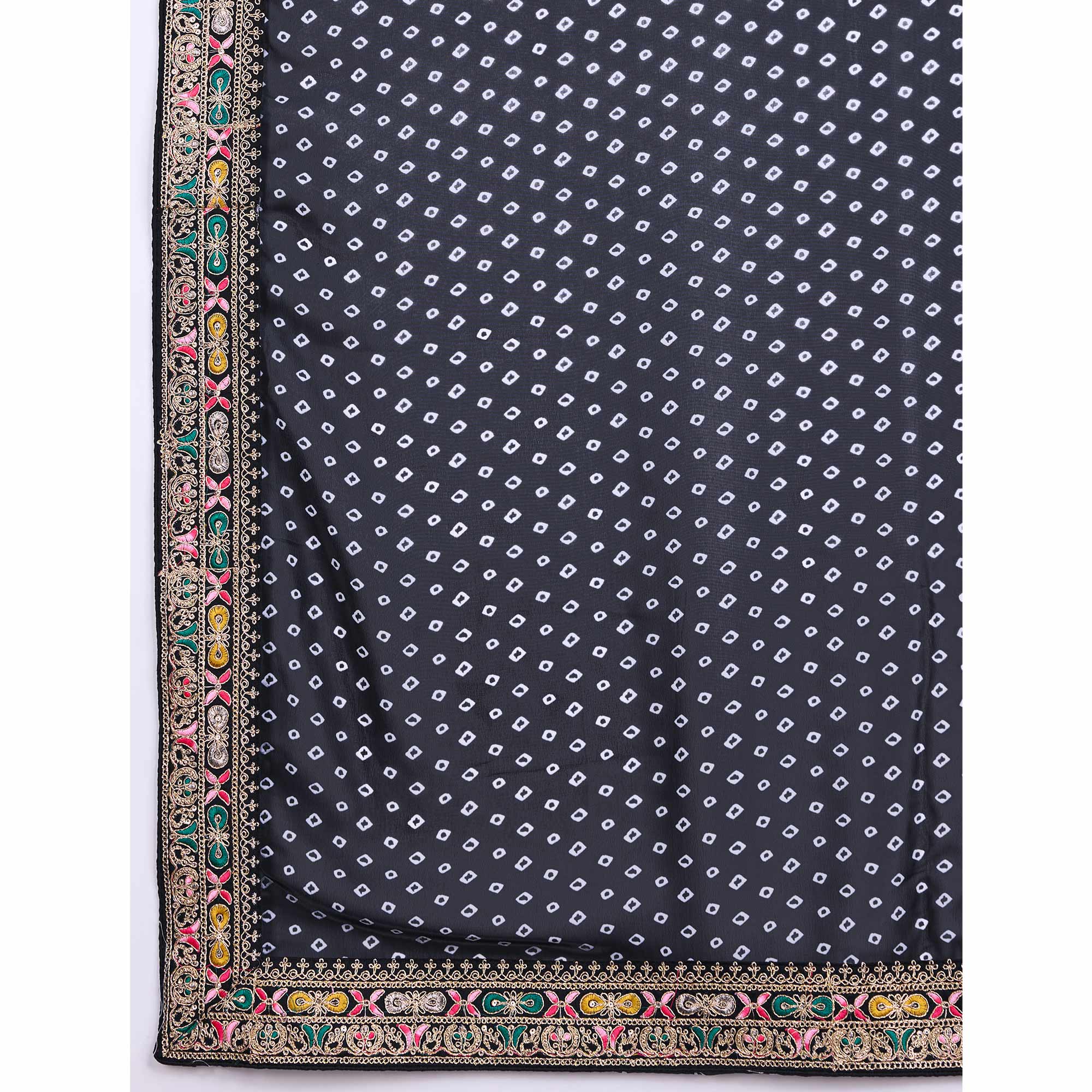 Black Bandhani Printed Georgette Saree With Embroidered Lace Border