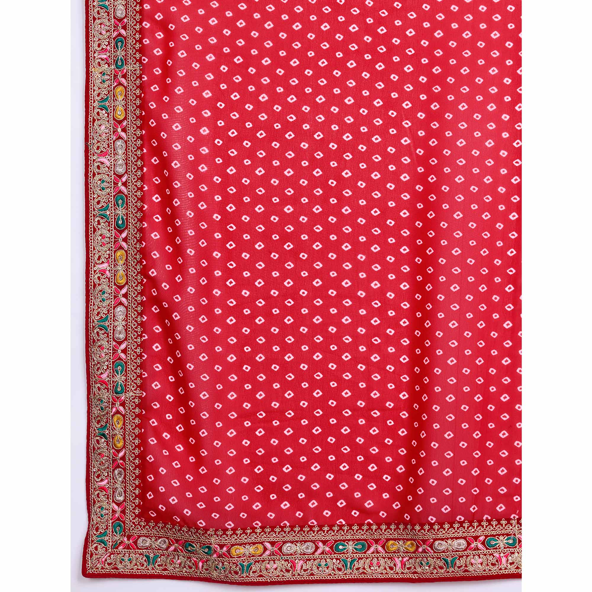 Red Bandhani Printed Georgette Saree With Embroidered Lace Border