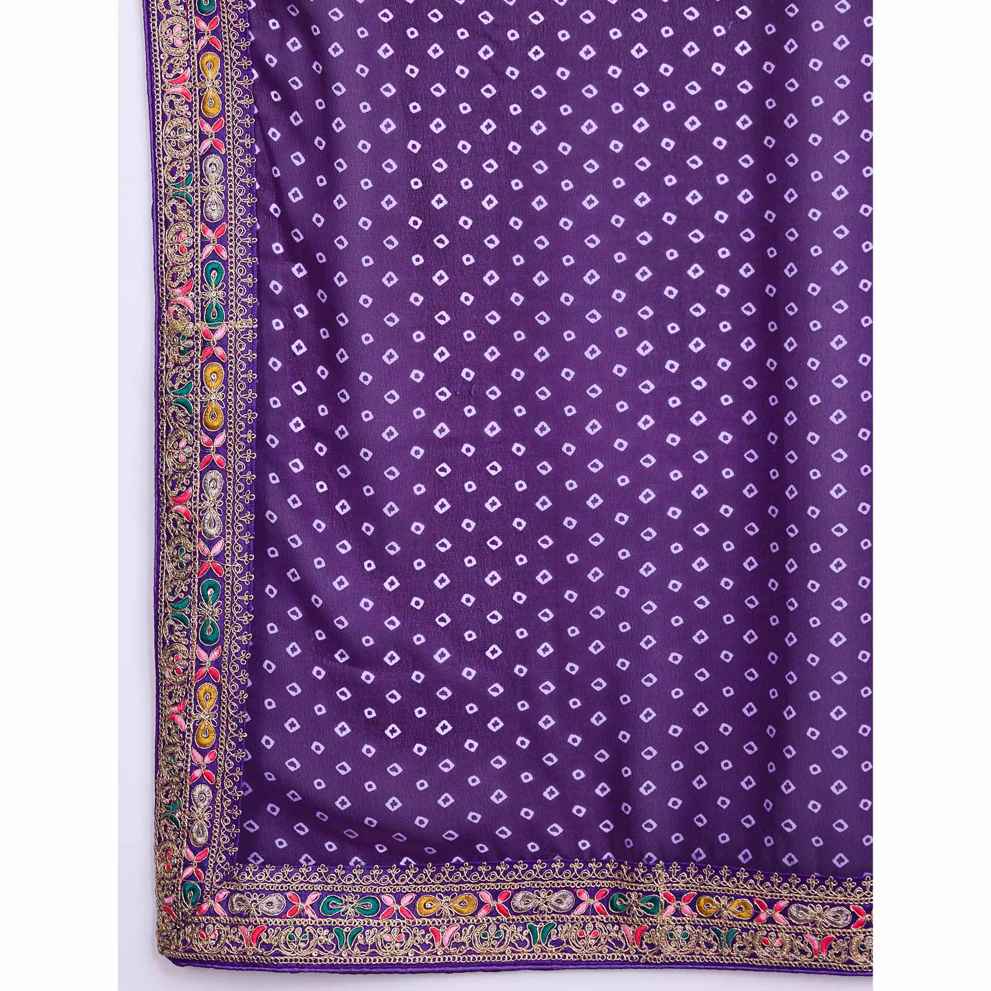 Purple Bandhani Printed Georgette Saree With Embroidered Lace Border