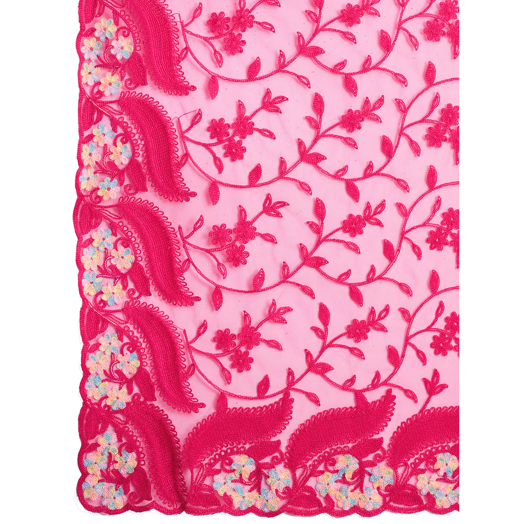 Pink Floral Thread Embroidered Net Saree