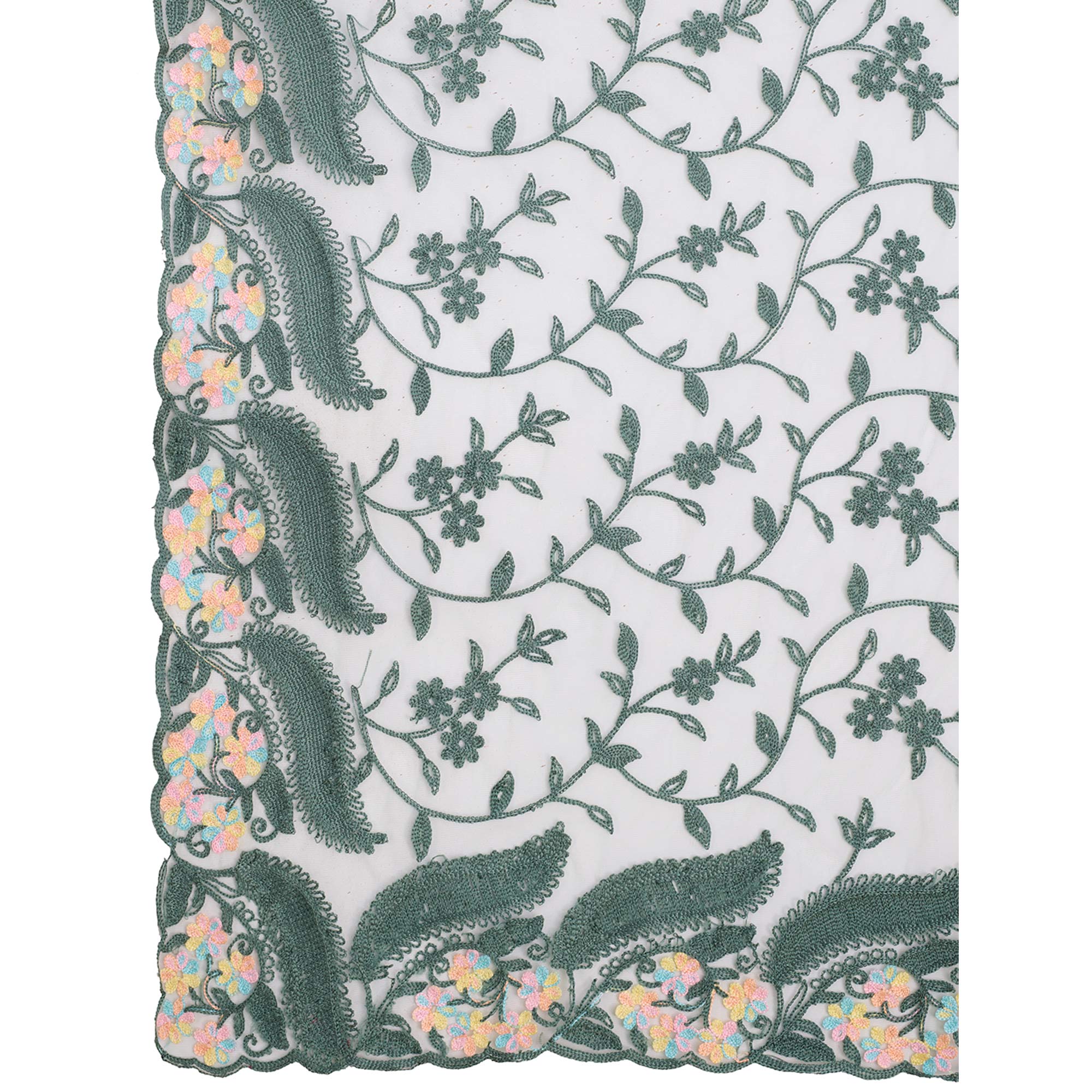 Green Floral Thread Embroidered Net Saree