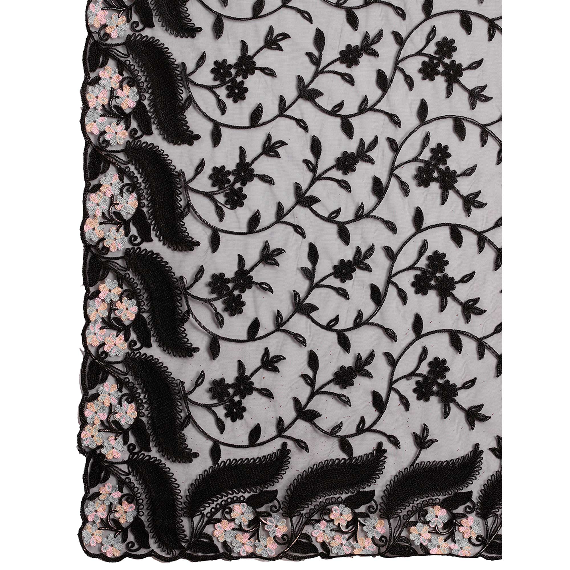 Black Floral Thread Embroidered Net Saree