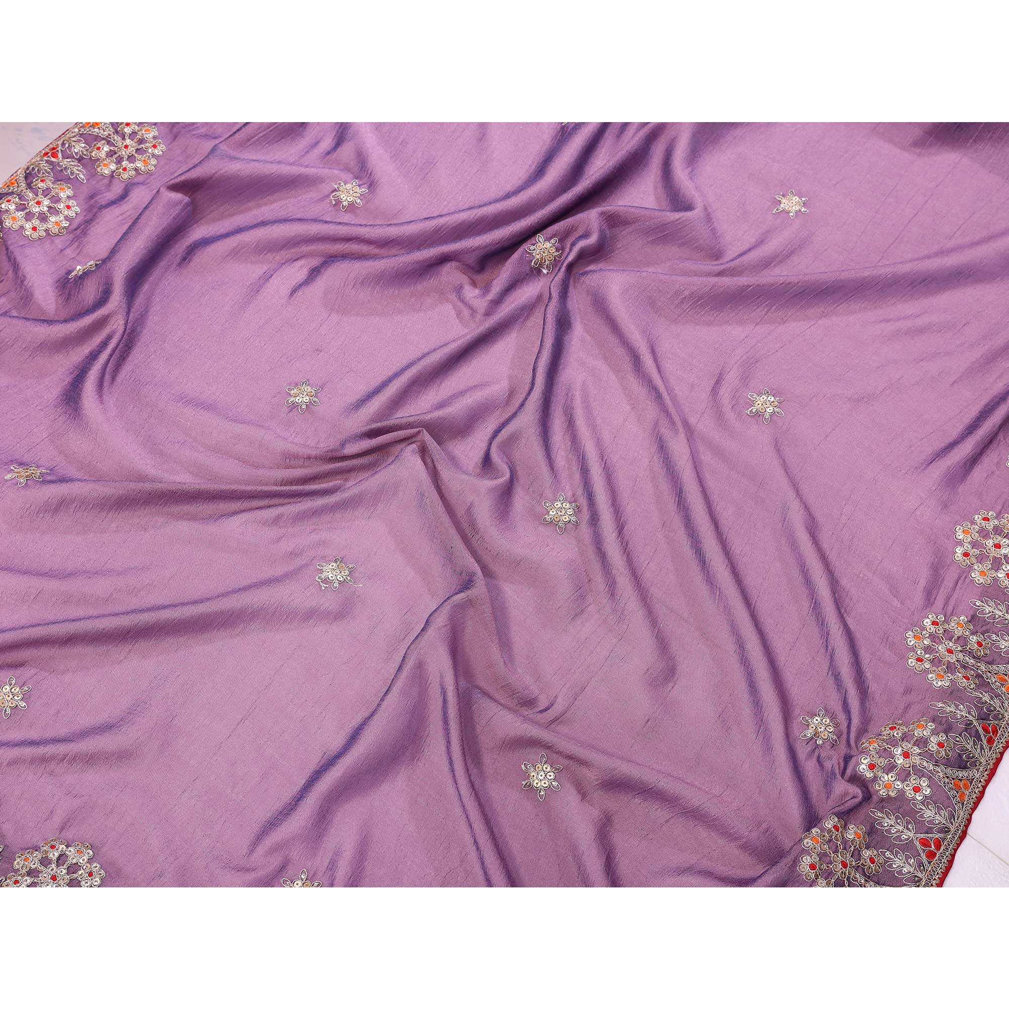 Lavender Vichitra Silk Saree Embellished With Floral Cording Embroidery & Sparkling Sequins