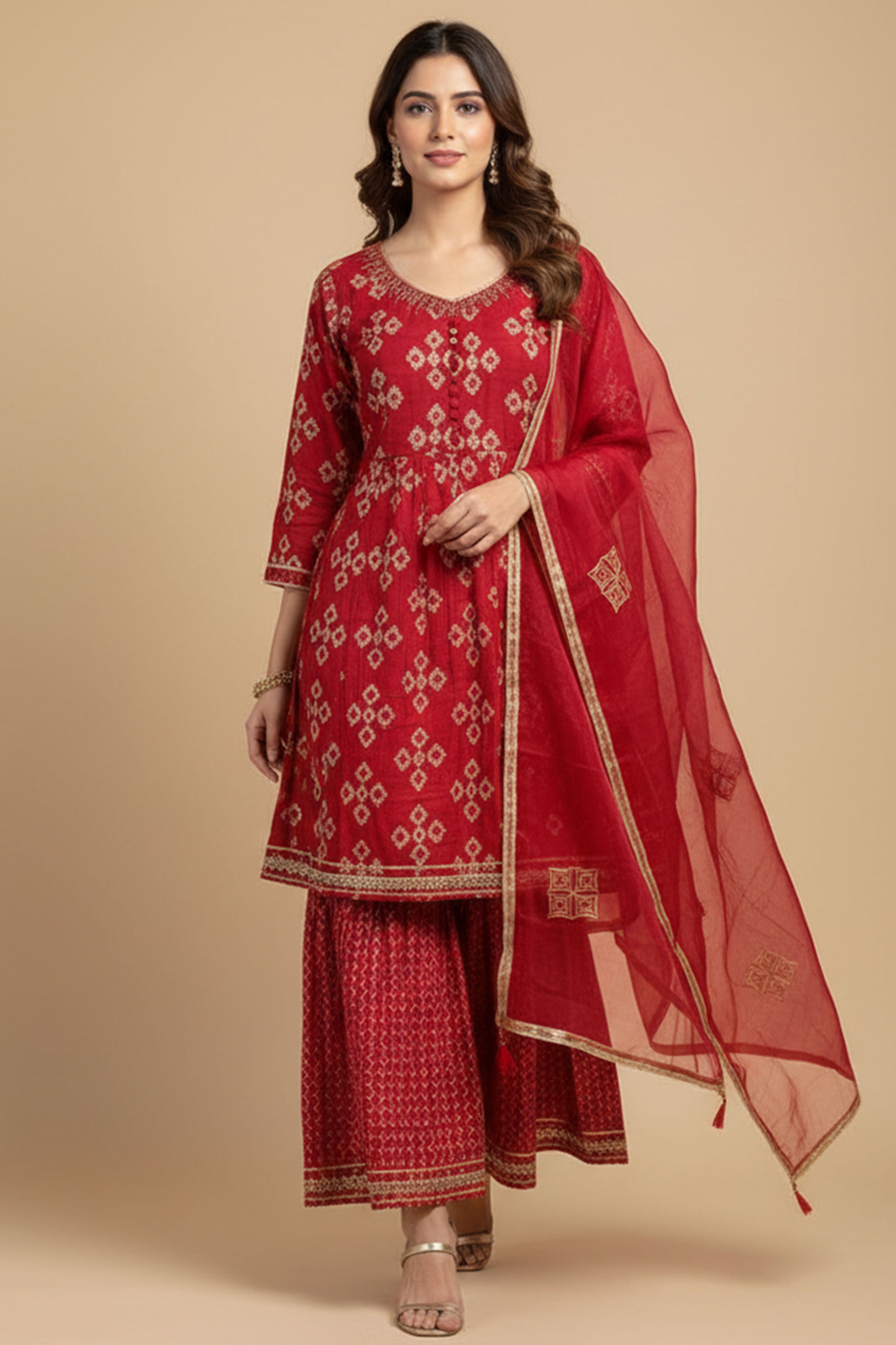 Red Printed Chanderi Silk Sharara Suit