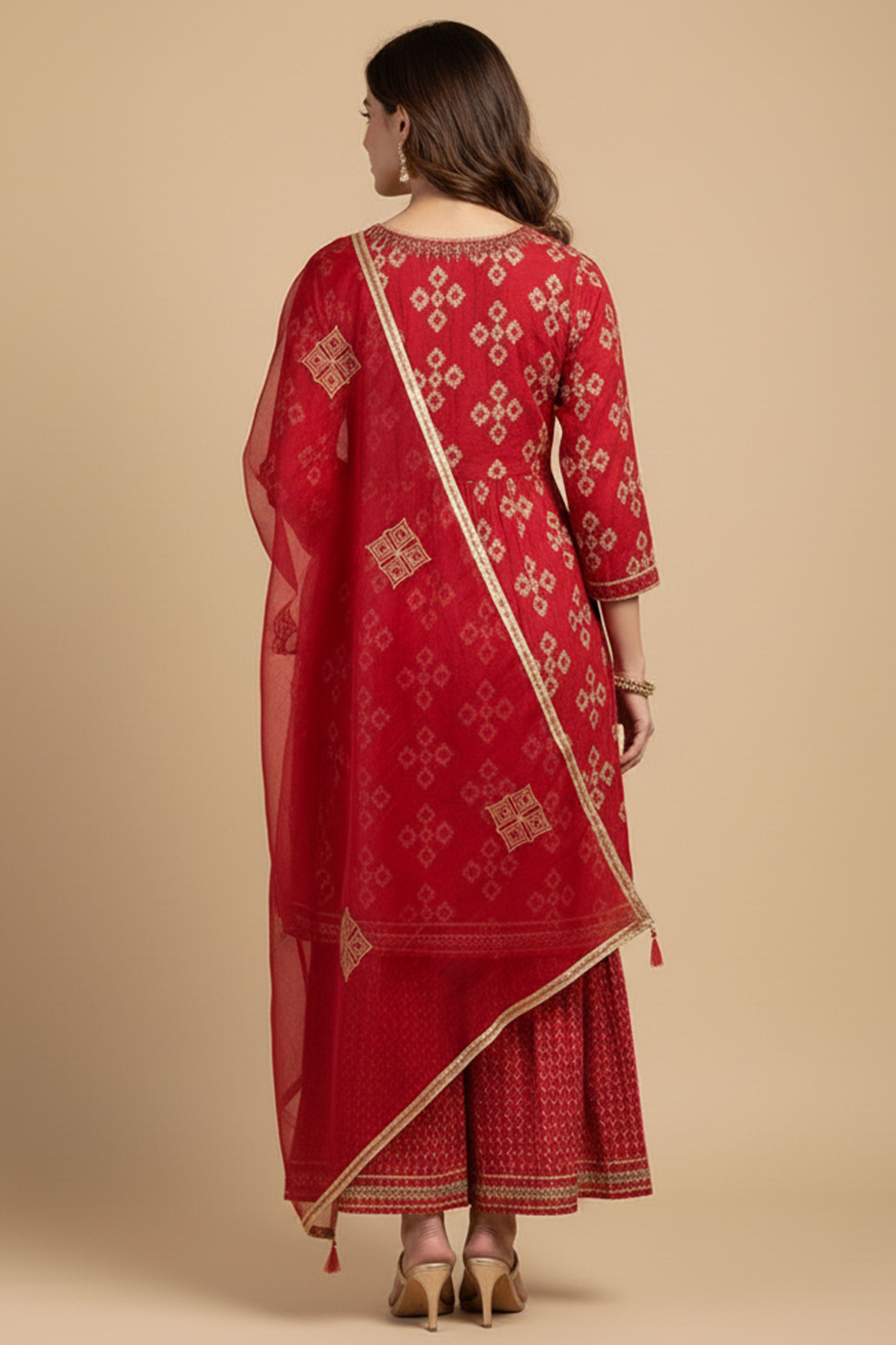 Red Printed Chanderi Silk Sharara Suit