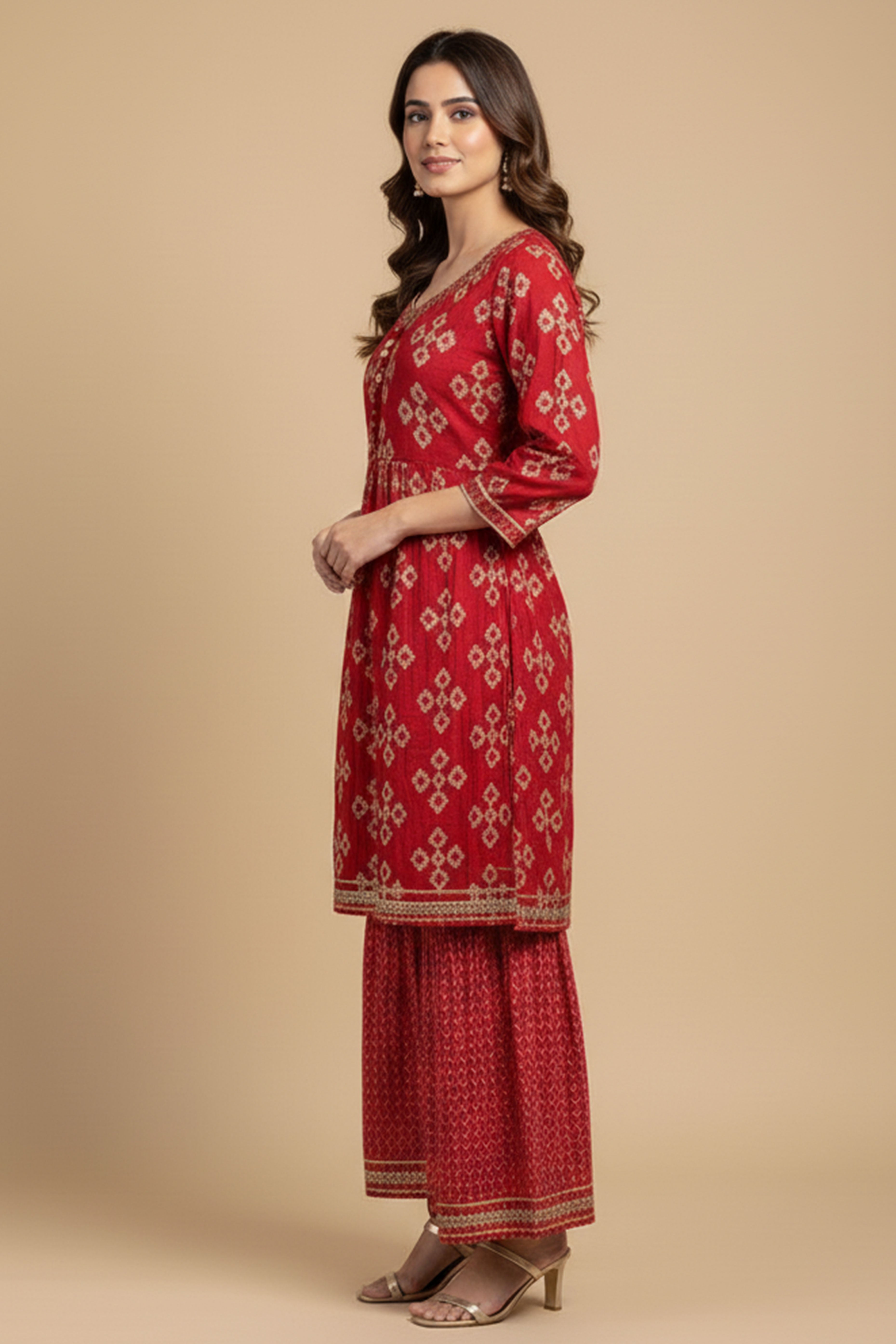 Red Printed Chanderi Silk Sharara Suit