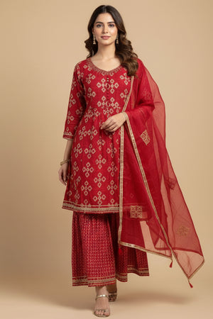 Red Printed Chanderi Silk Sharara Suit