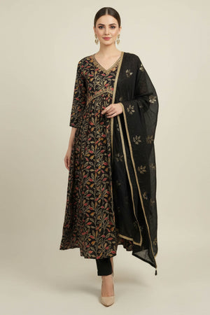 Black Floral Printed Muslin Alia Cut Salwar Suit