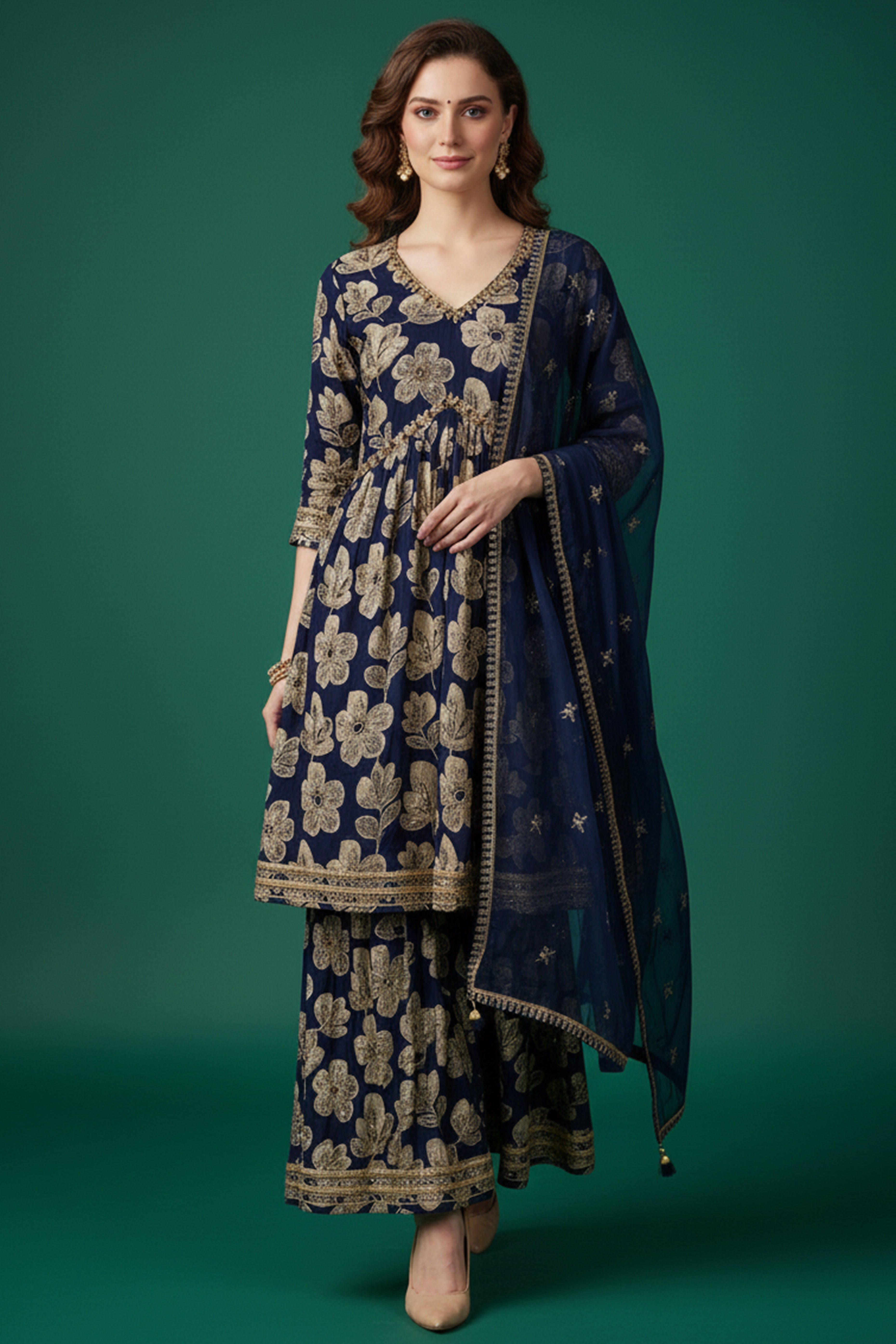 Blue Floral Printed Chinon Alia Cut Salwar Suit