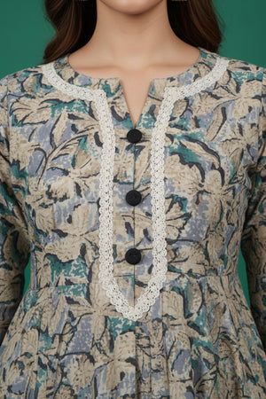 Blue Foil Printed Cambric Cotton Top Bottom Set