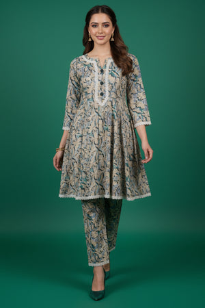 Blue Foil Printed Cambric Cotton Top Bottom Set