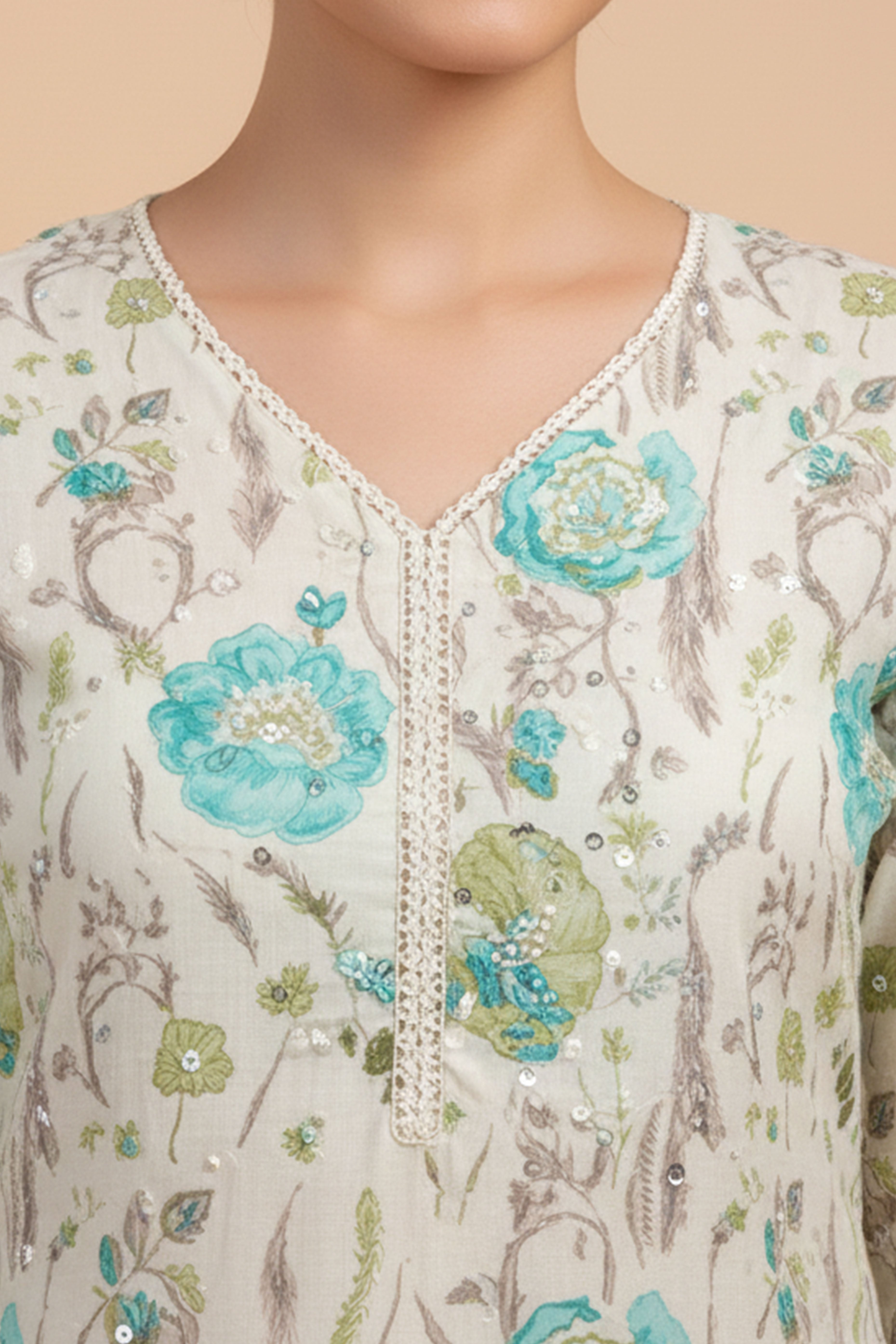 Light Green Floral Printed Mulmul Cotton Straight Salwar Suit