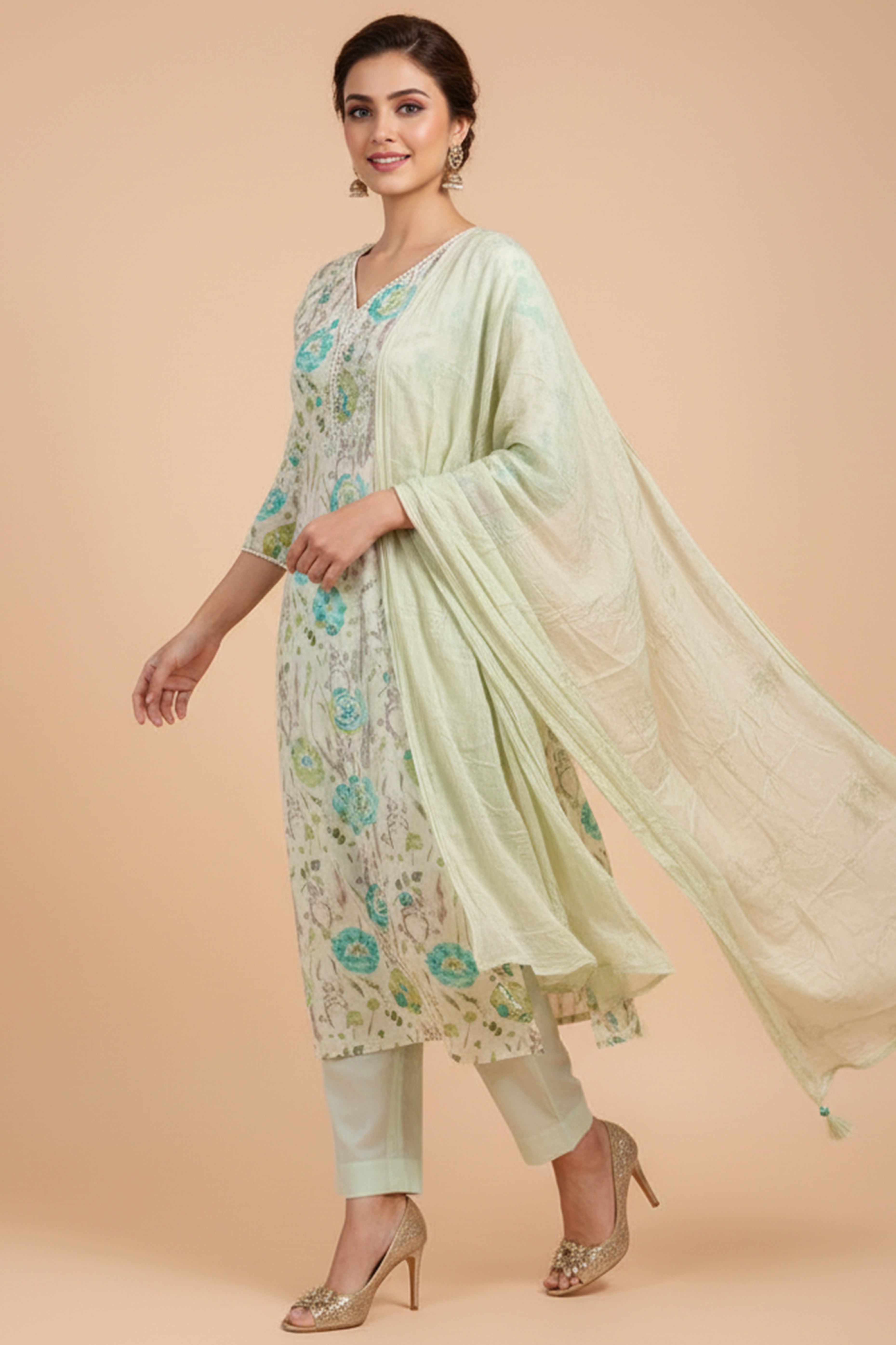 Light Green Floral Printed Mulmul Cotton Straight Salwar Suit