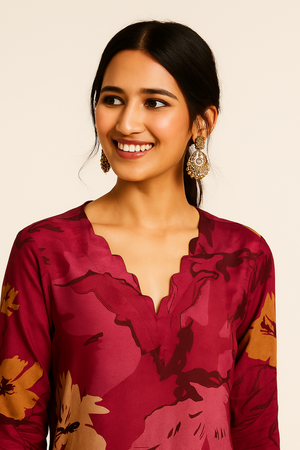 Plum Pink Floral Printed Muslin Straight Co-Ord Set