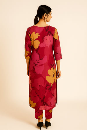 Plum Pink Floral Printed Muslin Straight Co-Ord Set