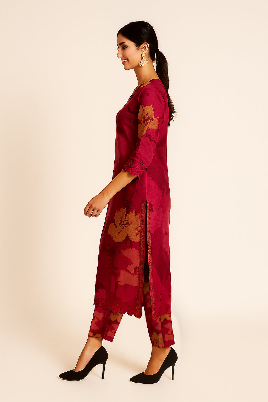 Plum Pink Floral Printed Muslin Straight Co-Ord Set