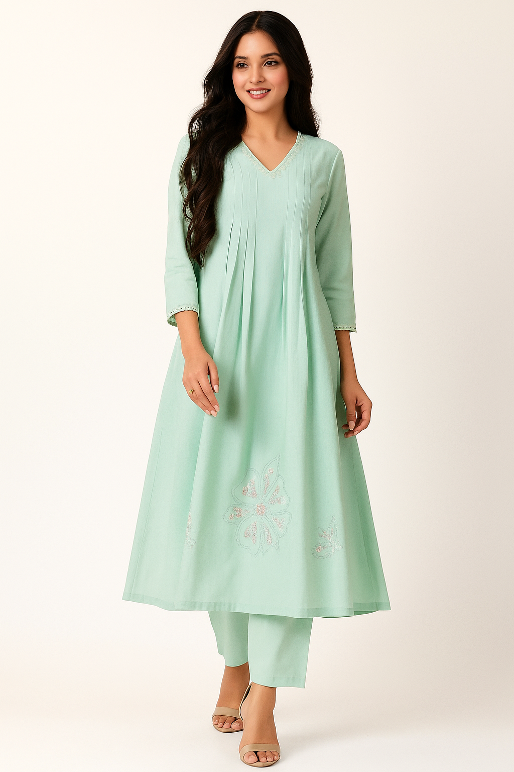 Sea Green Floral Embroidered Pure Cotton Top Bottom Set