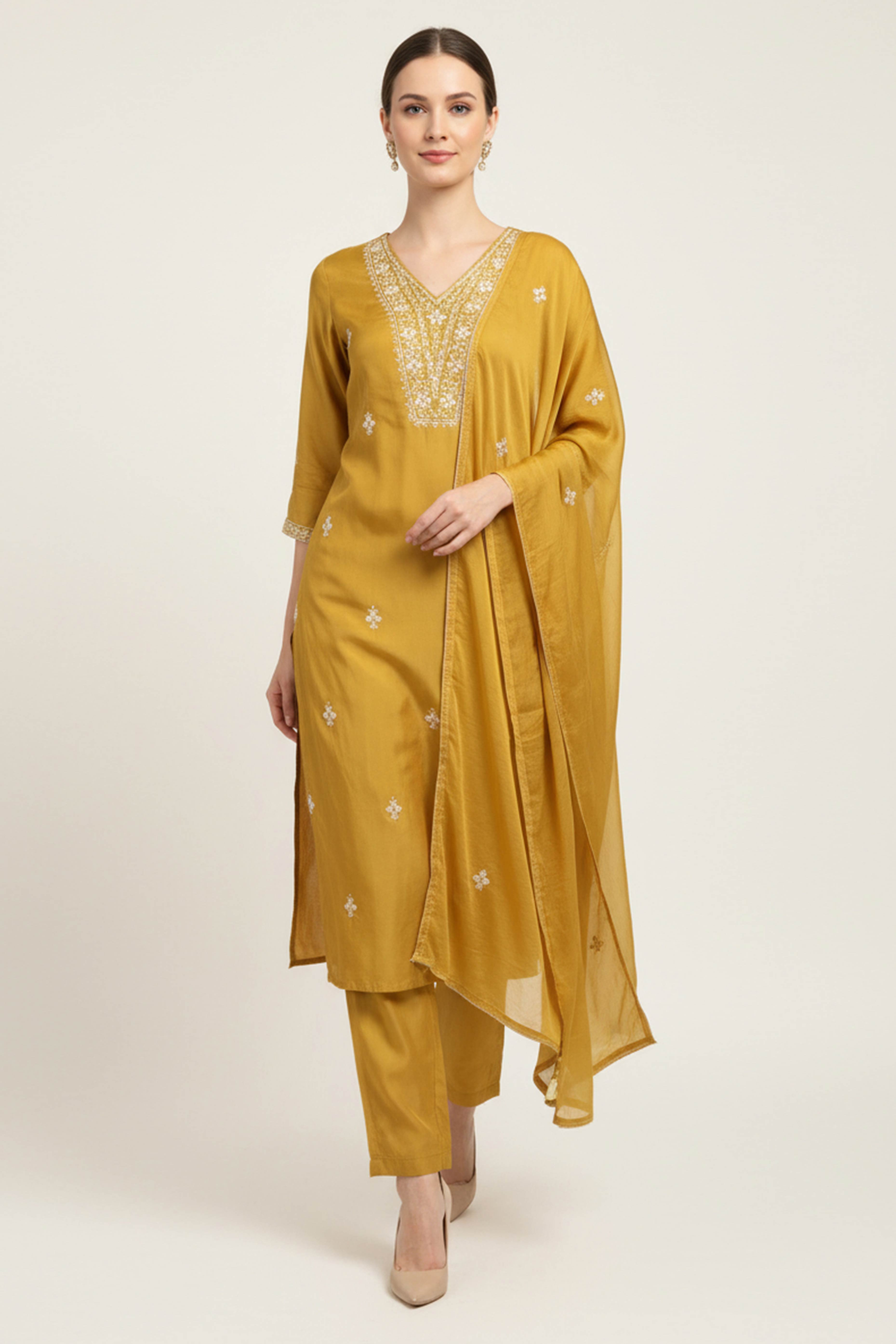 Mustard Floral Embroidered Pure Silk Straight Salwar Suit
