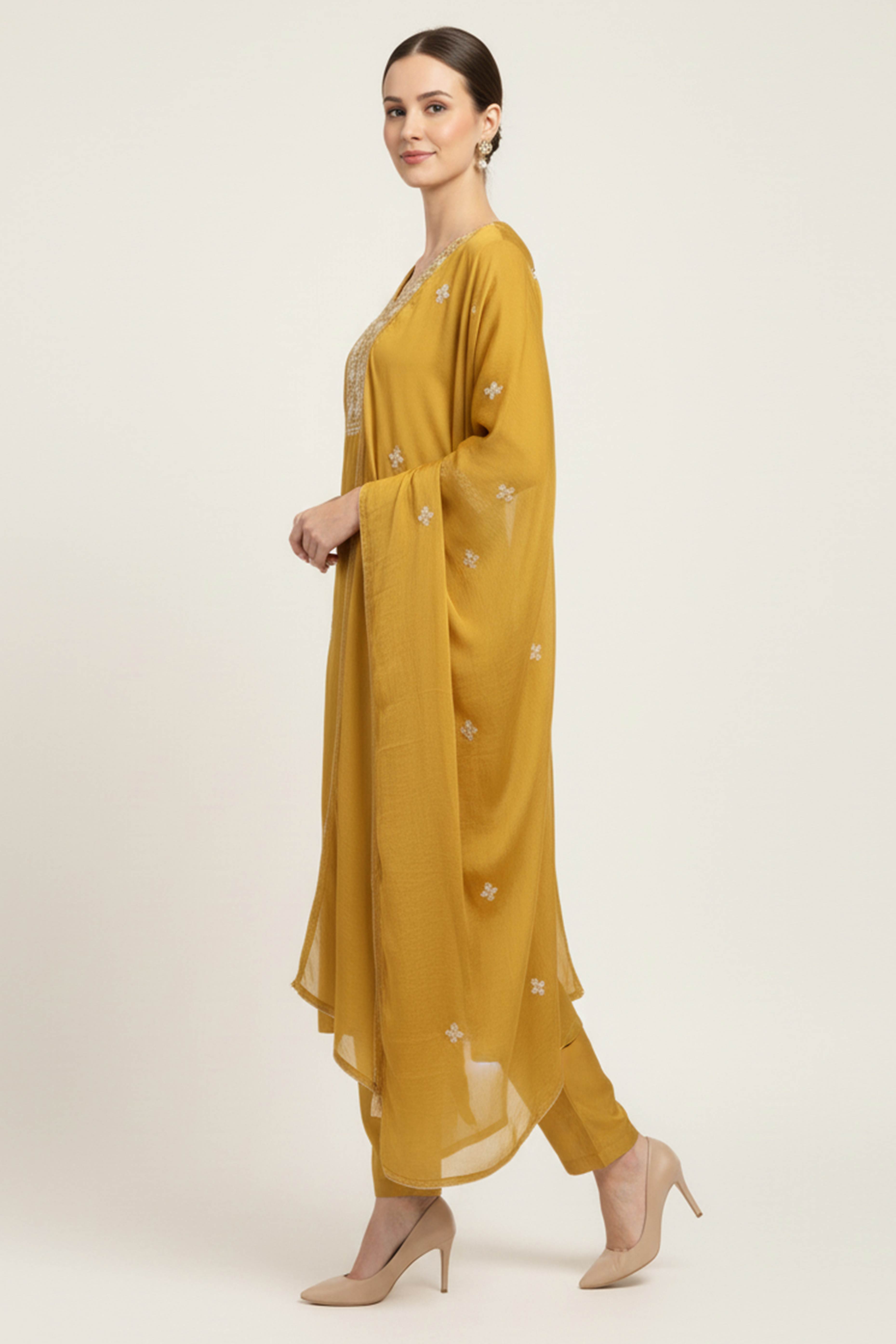 Mustard Floral Embroidered Pure Silk Straight Salwar Suit