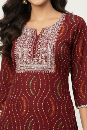 Red Foil Printed Rayon Straight Kurti