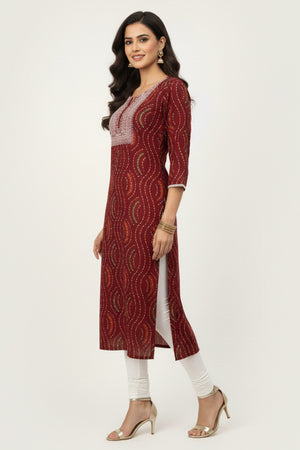 Red Foil Printed Rayon Straight Kurti