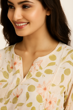 Off White Floral Printed With Handwork Pure Cotton A-Line Dress