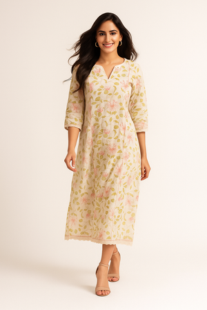 Off White Floral Printed With Handwork Pure Cotton A-Line Dress