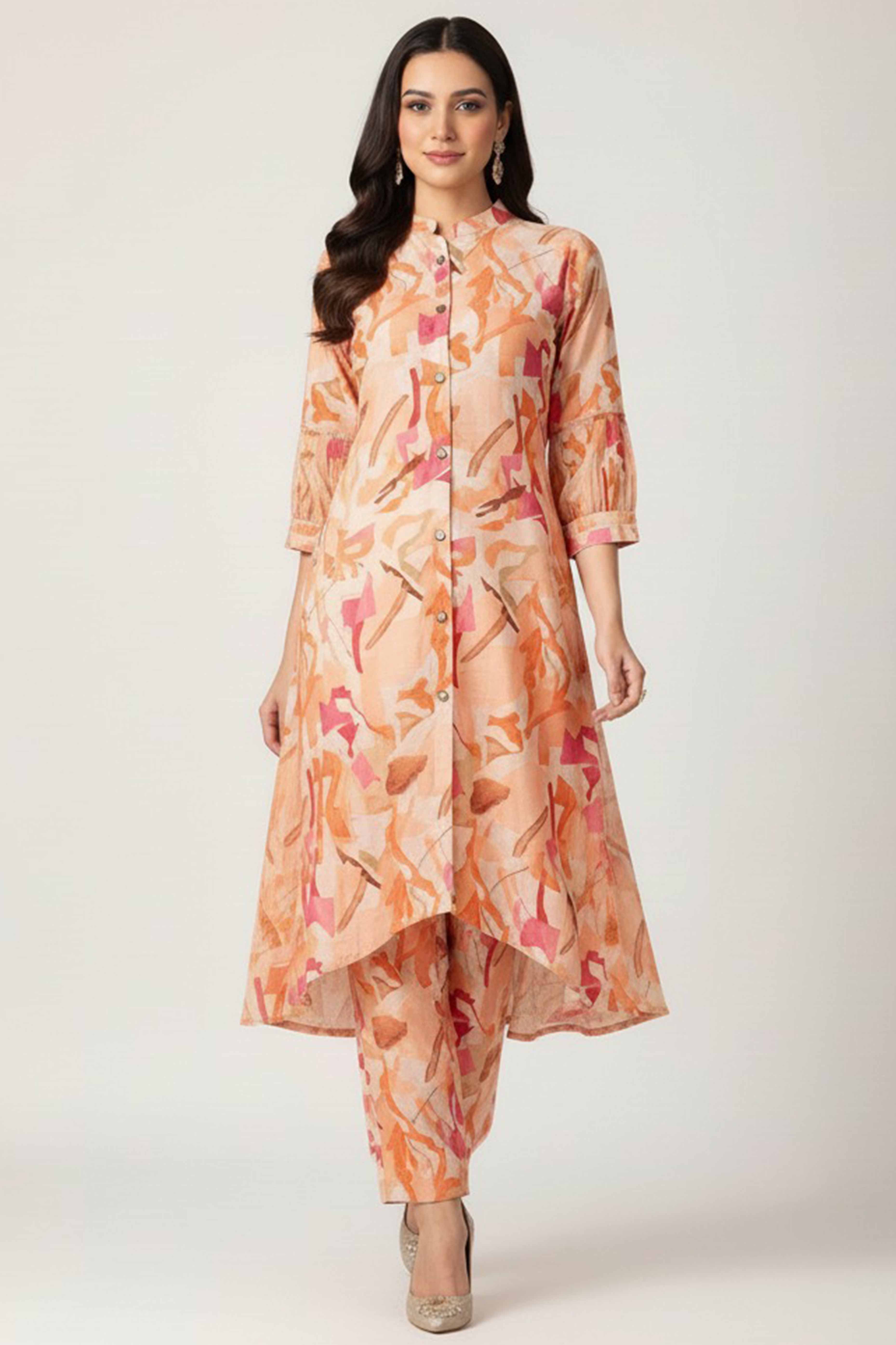 Orange Printed Heavy Viscose A-Line Co-Ord Set