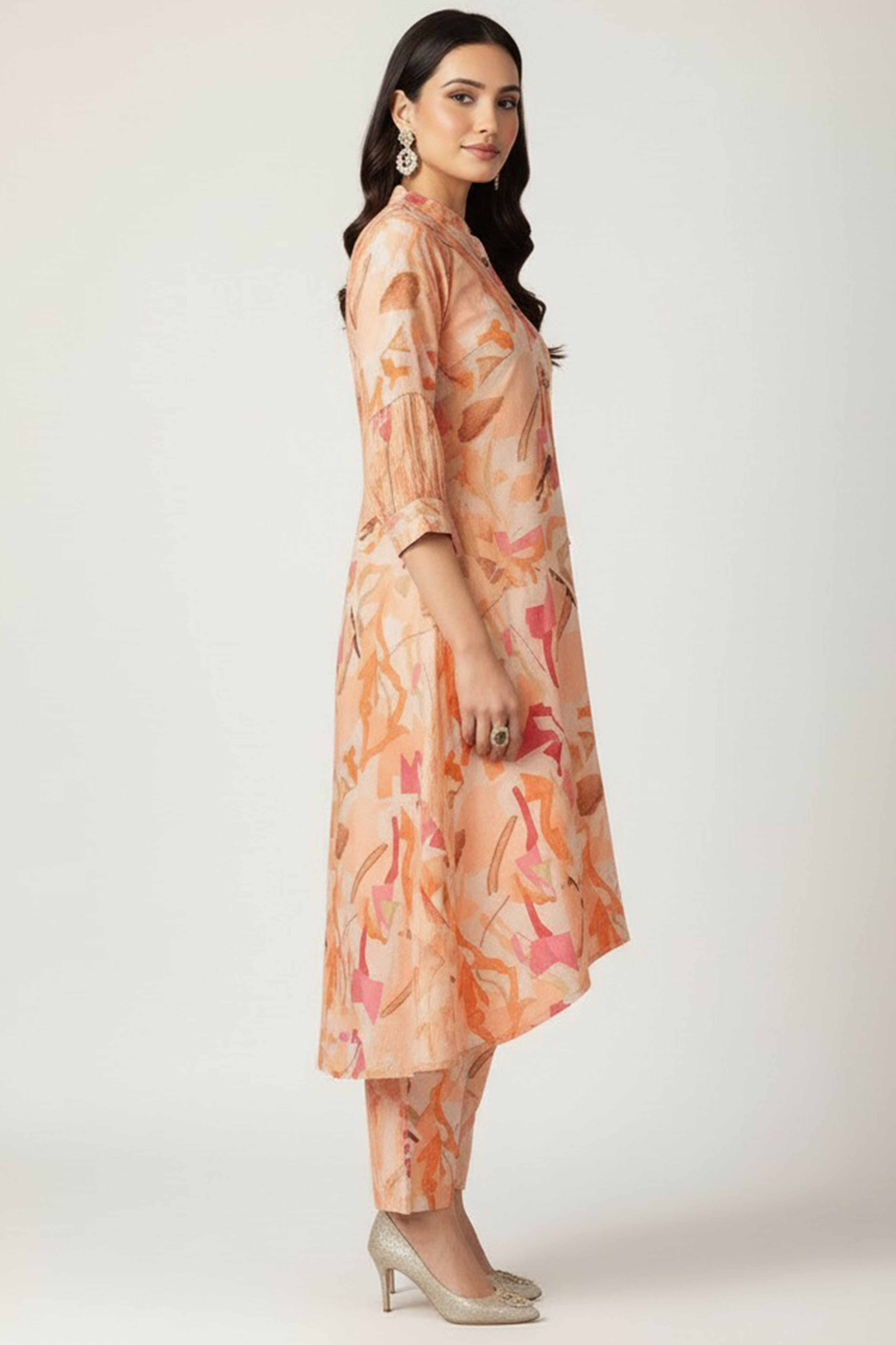 Orange Printed Heavy Viscose A-Line Co-Ord Set