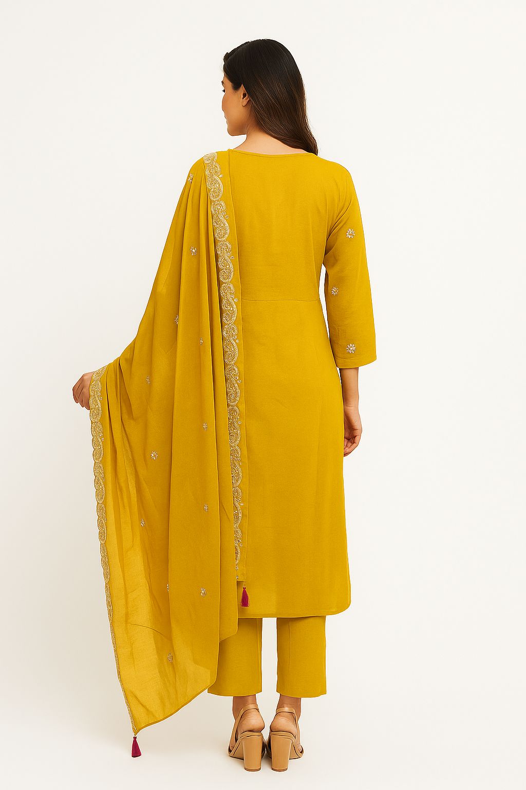 Mustard Chanderi Cotton Suit Enhanced with Floral Embroidery