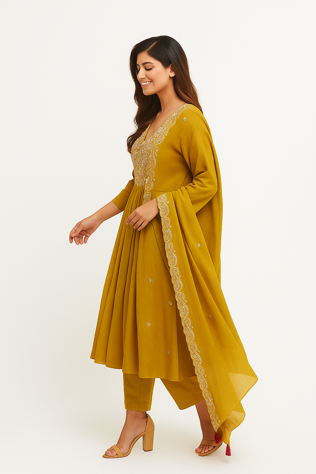 Mustard Chanderi Cotton Suit Enhanced with Floral Embroidery