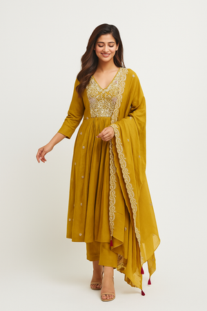 Mustard Chanderi Cotton Suit Enhanced with Floral Embroidery