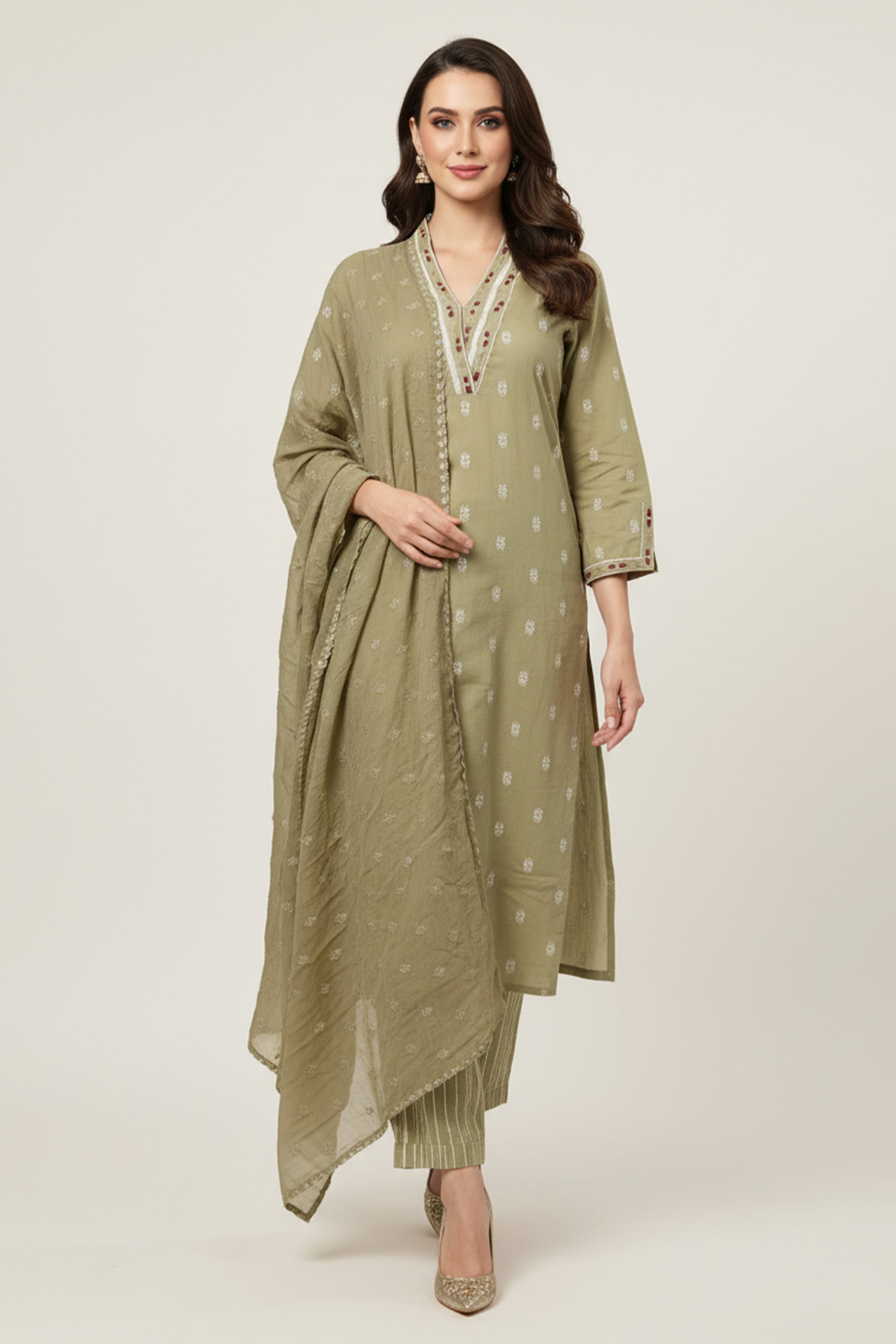 Green Pure Cotton Straight Suit with Handloom Weaving