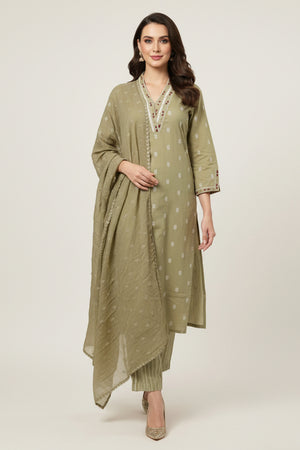 Green Pure Cotton Straight Suit with Handloom Weaving