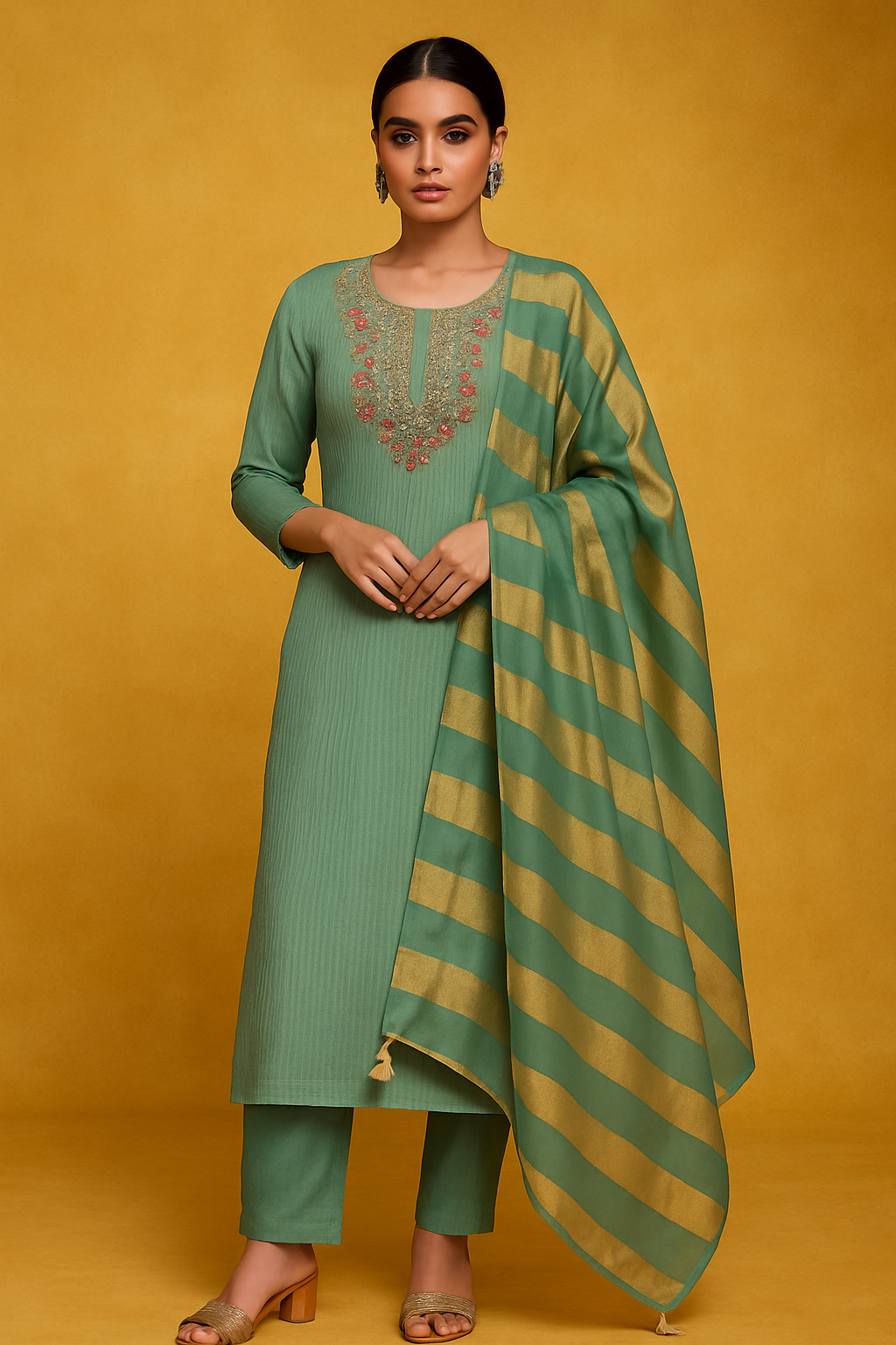 Green Shimmer Rinkal Style Suit with Beads and Stone Hand Embellishments