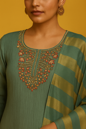 Green Shimmer Rinkal Style Suit with Beads and Stone Hand Embellishments