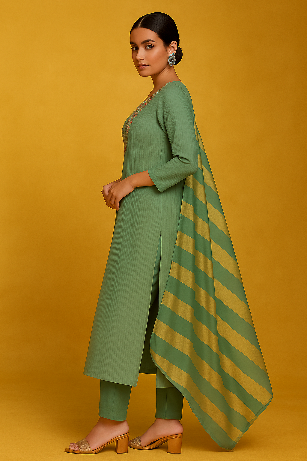 Green Shimmer Rinkal Style Suit with Beads and Stone Hand Embellishments