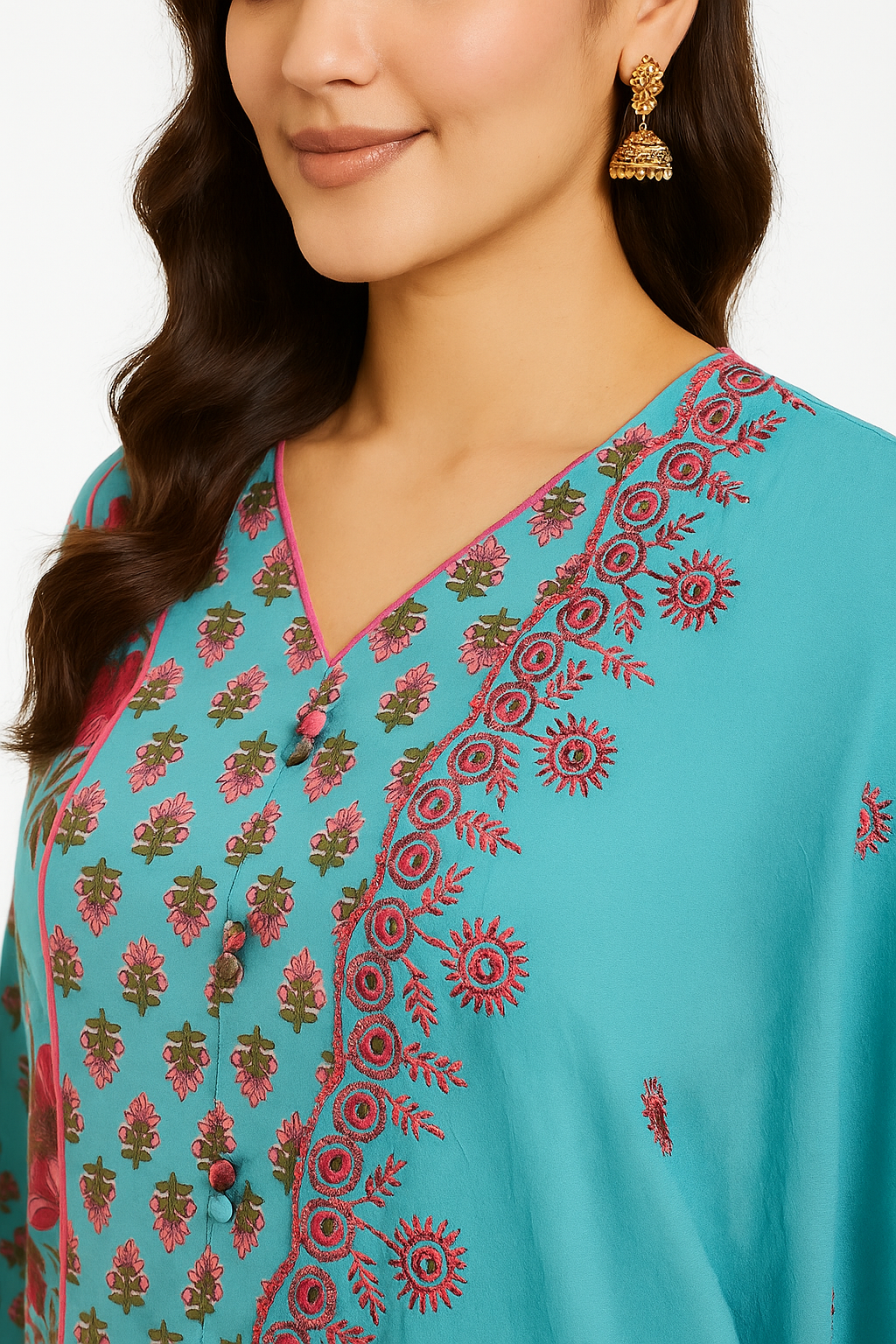 Blue Floral Print A Line Suit With Intricate Sequins Embroidery On Pure Cotton