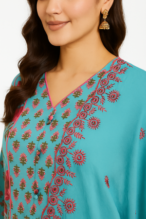 Blue Floral Print A Line Suit With Intricate Sequins Embroidery On Pure Cotton