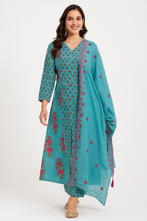 Blue Floral Print A Line Suit With Intricate Sequins Embroidery On Pure Cotton