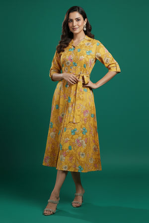 Mustard Floral Printed Rayon Denting Slub A-Line Dress