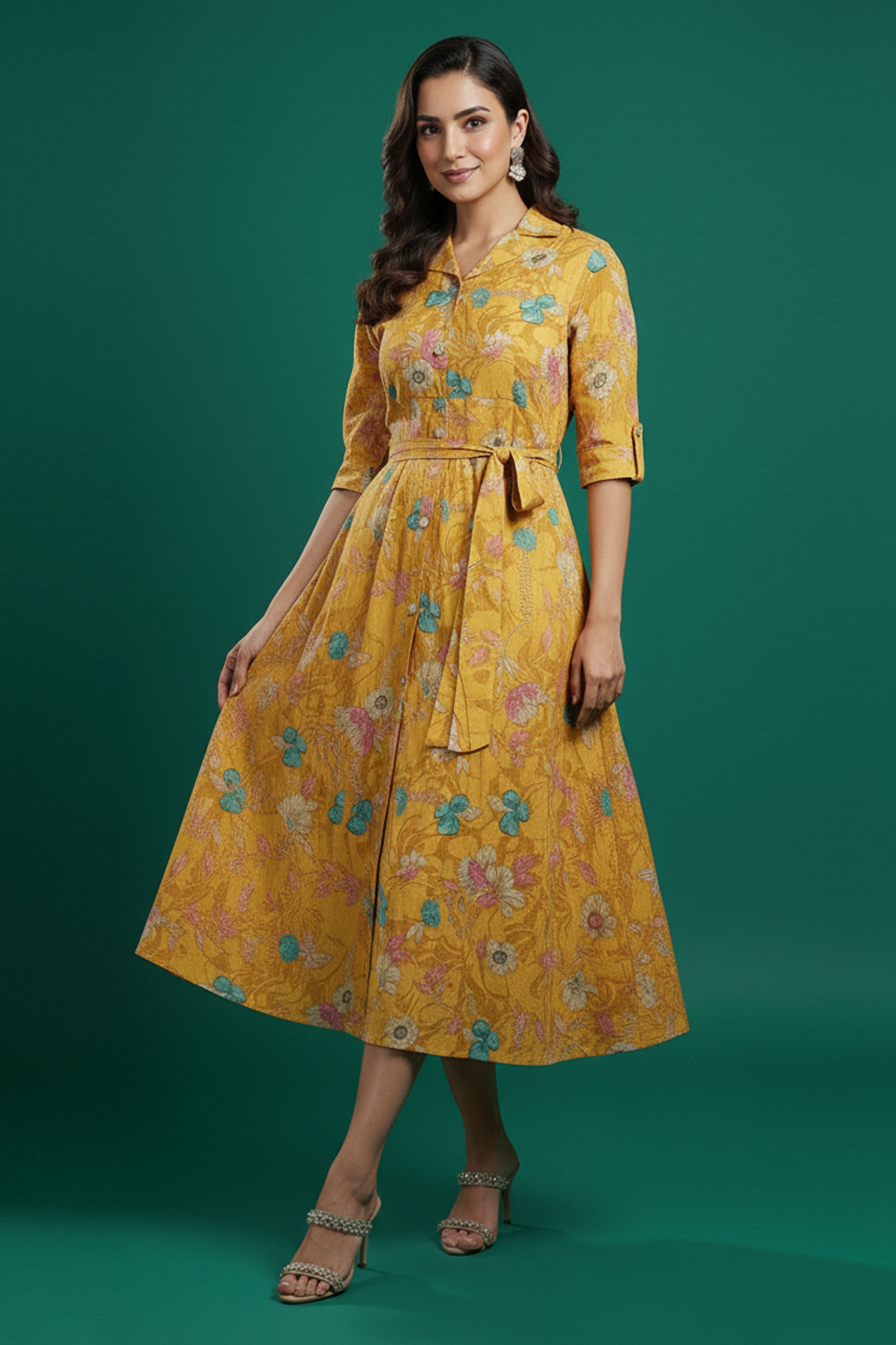 Mustard Floral Printed Rayon Denting Slub A-Line Dress