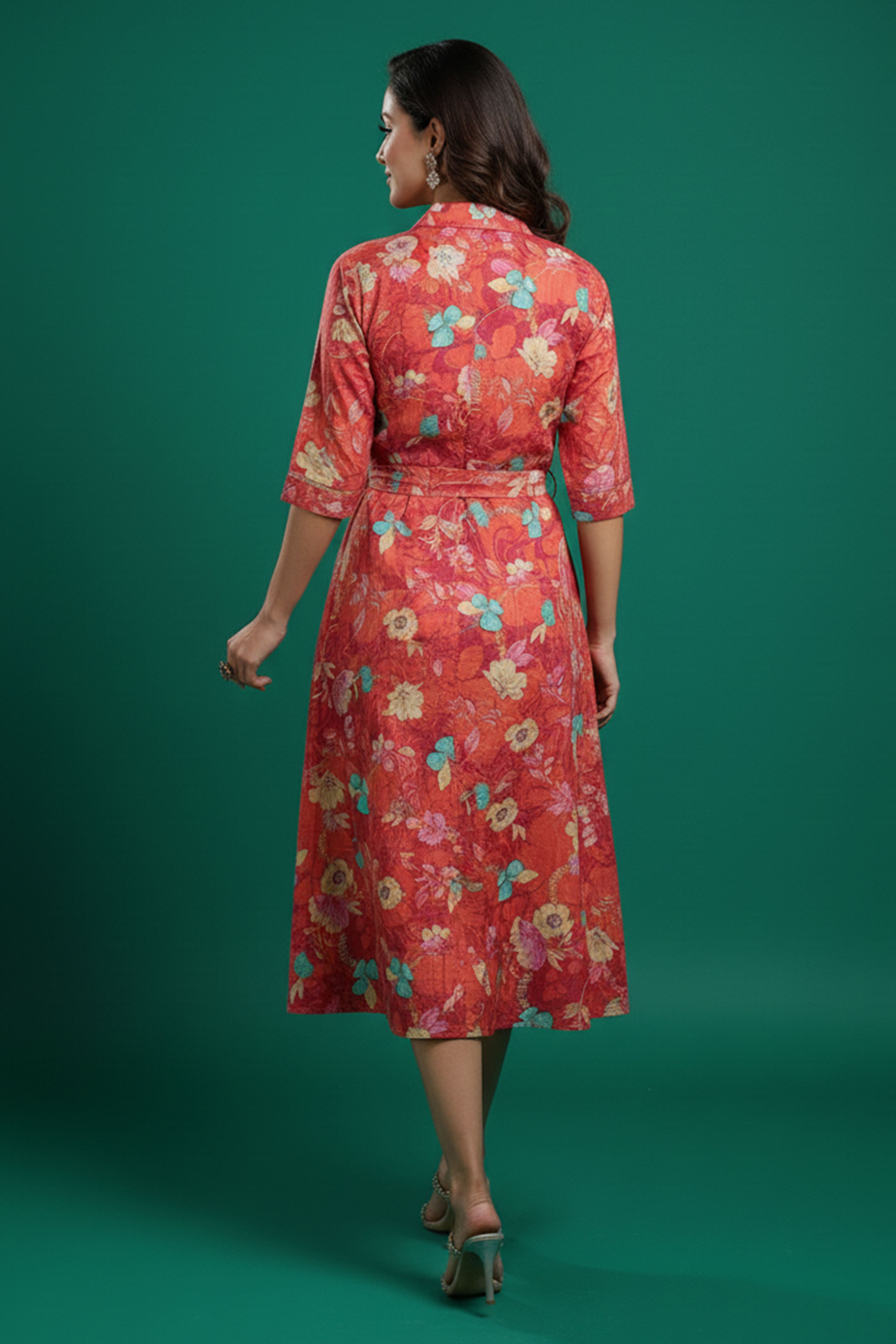 Peach Floral Printed Rayon Denting Slub A-Line Dress