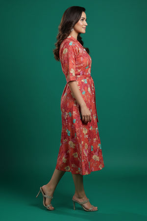 Peach Floral Printed Rayon Denting Slub A-Line Dress