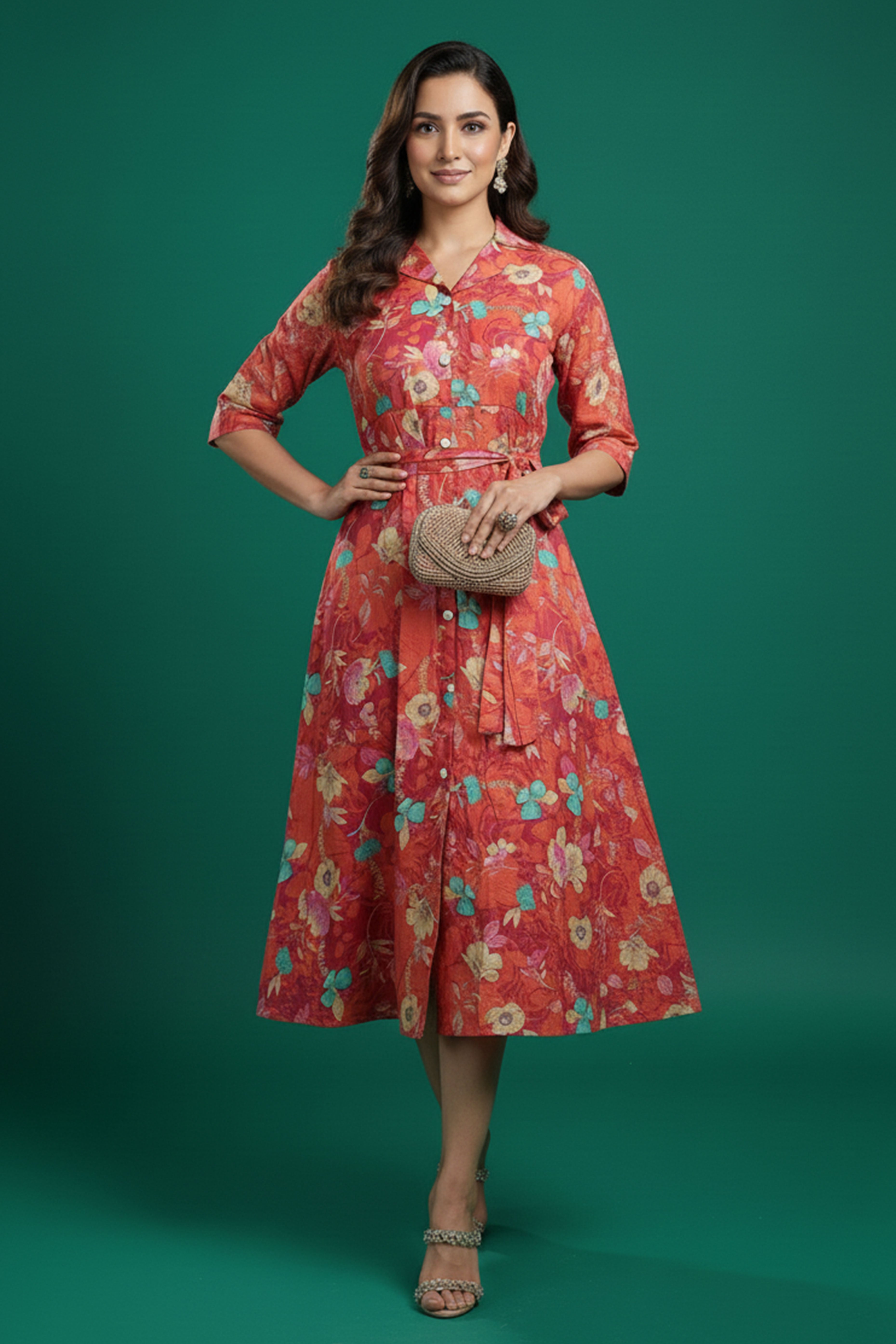 Peach Floral Printed Rayon Denting Slub A-Line Dress